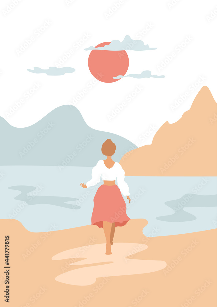 Beautiful woman with bun on her head runs towards the sea. Girl in vintage clothes on the background of abstract landscape, seaside, red sun. Vector summer illustration