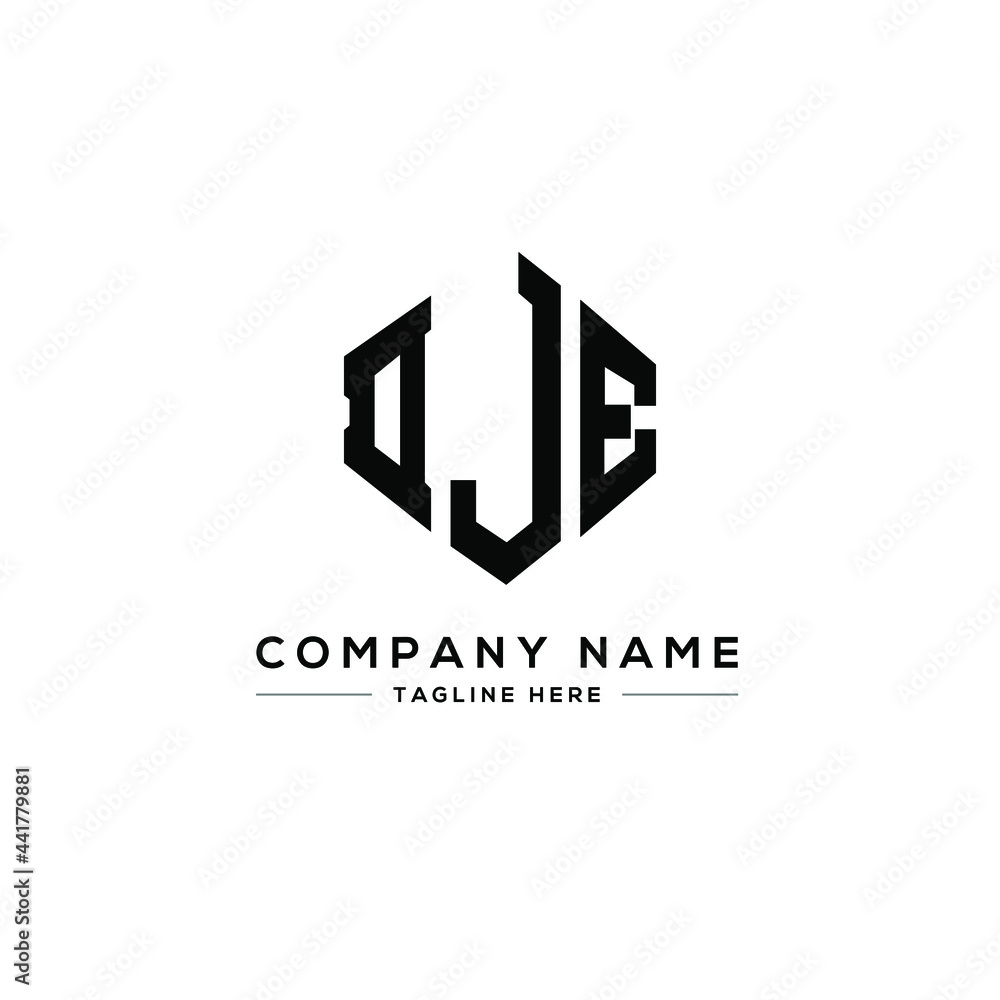 Obraz premium DJE letter logo design with polygon shape. DJE polygon logo monogram. DJE cube logo design. DJE hexagon vector logo template white and black colors. DJE monogram, DJE business and real estate logo. 