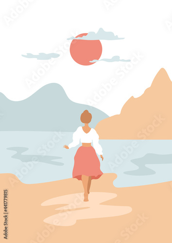Beautiful woman with bun on her head runs towards the sea. Girl in vintage clothes on the background of abstract landscape  seaside  red sun. Vector summer illustration