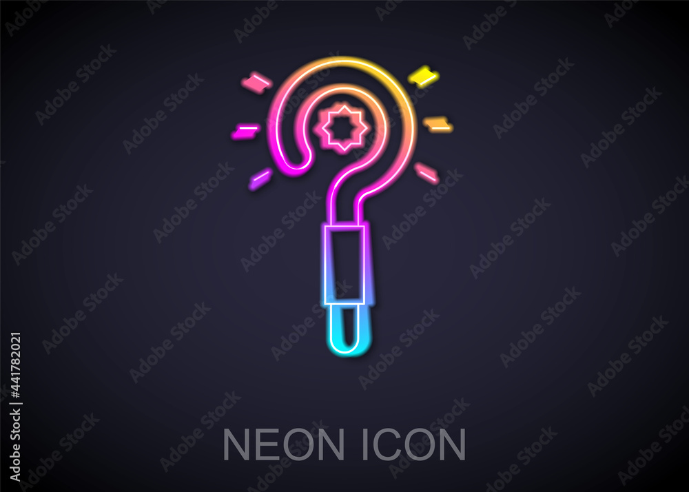 Glowing neon line Magic wand icon isolated on black background. Star shape magic accessory. Magical power. Vector Glowing neon line Magic wand icon isolated on black background. Star shape magic accessory. Magical power. Vector