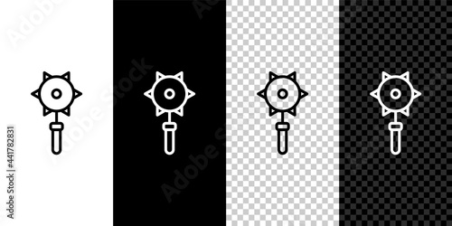 Set line Medieval chained mace ball icon isolated on black and white, transparent background. Medieval weapon. Vector