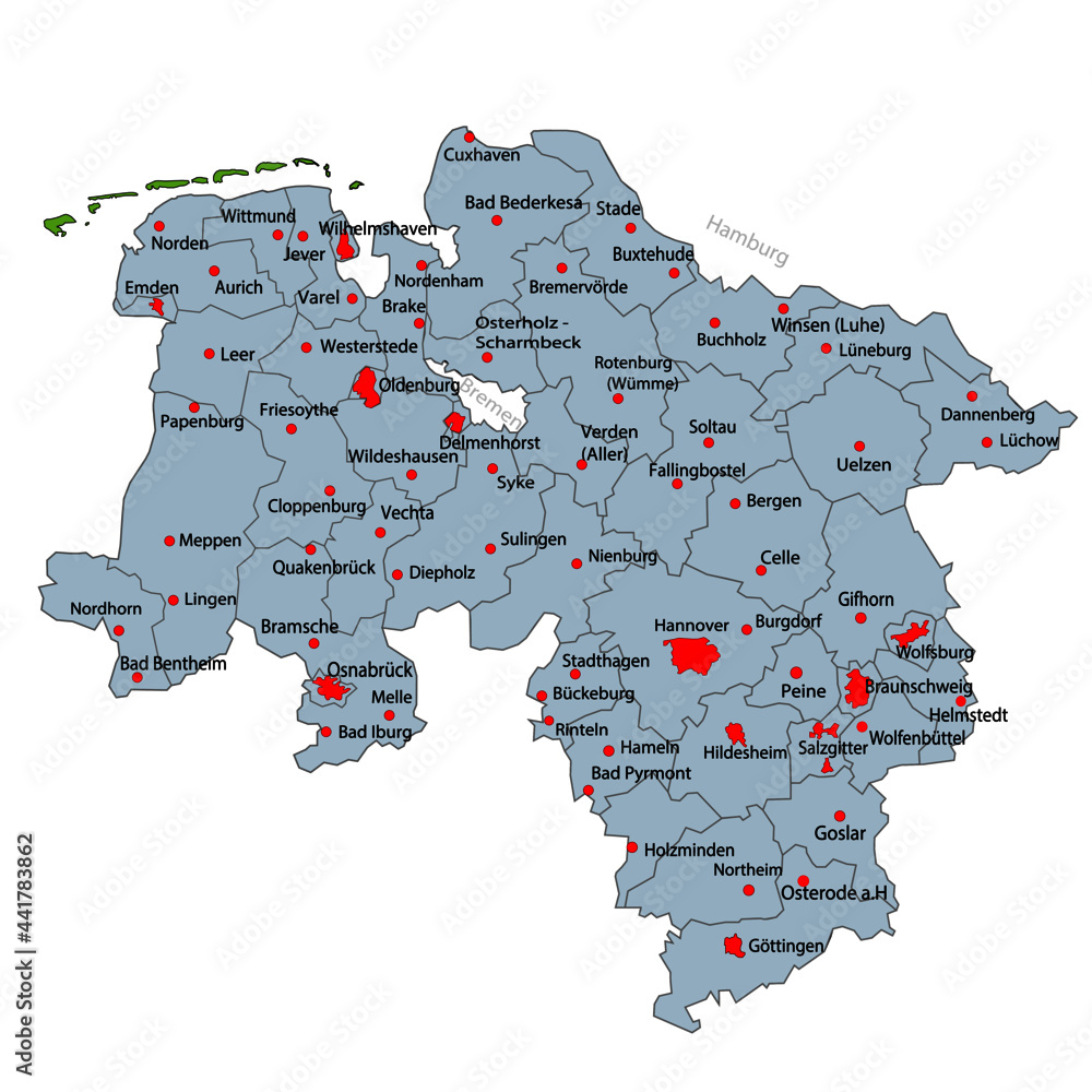 Photo & Art Print Niedersachsen Landkarte mit den Landkreisen und ...