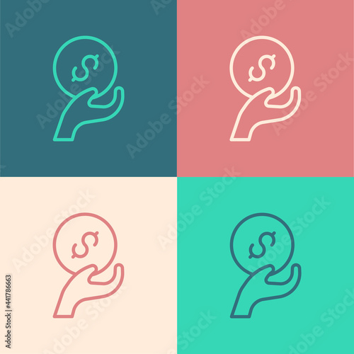 Pop art line Donation and charity icon isolated on color background. Donate money and charity concept. Vector