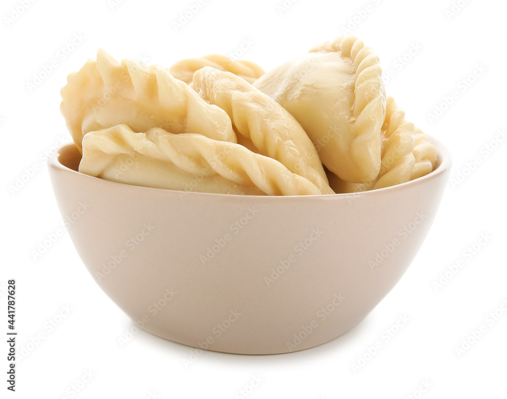 Bowl with tasty dumplings on white background Bowl with tasty dumplings on white background