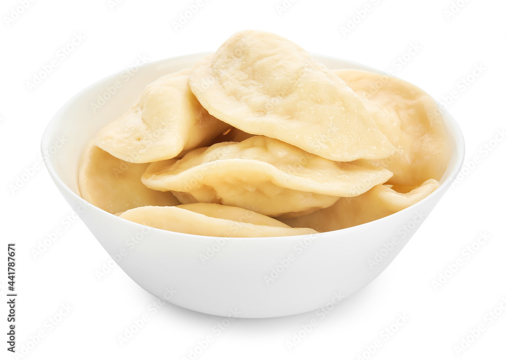 Bowl with tasty dumplings on white background Bowl with tasty dumplings on white background