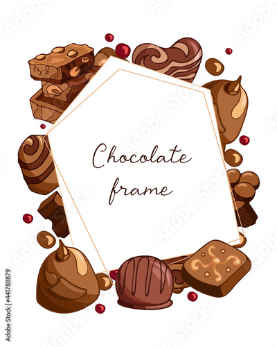 Vintage frame with pieces of milk chocolate with nuts and chocolates, candy illustration. World Chocolate Day. Vector background design. Template for the cards, invitations, packaging, menu.