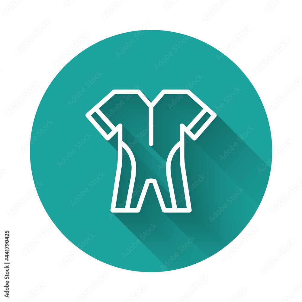 White line Wetsuit for scuba diving icon isolated with long shadow background. Diving underwater equipment. Green circle button. Vector White line Wetsuit for scuba diving icon isolated with long shadow background. Diving underwater equipment. Green circle button. Vector