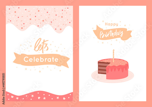 Birthday cards set, cake with candle, sprinkles on liquid shape, lettering and text on festive ribbon. Cute illustrations with sweet food. Vector print, poster in pink and gold pastel colors.