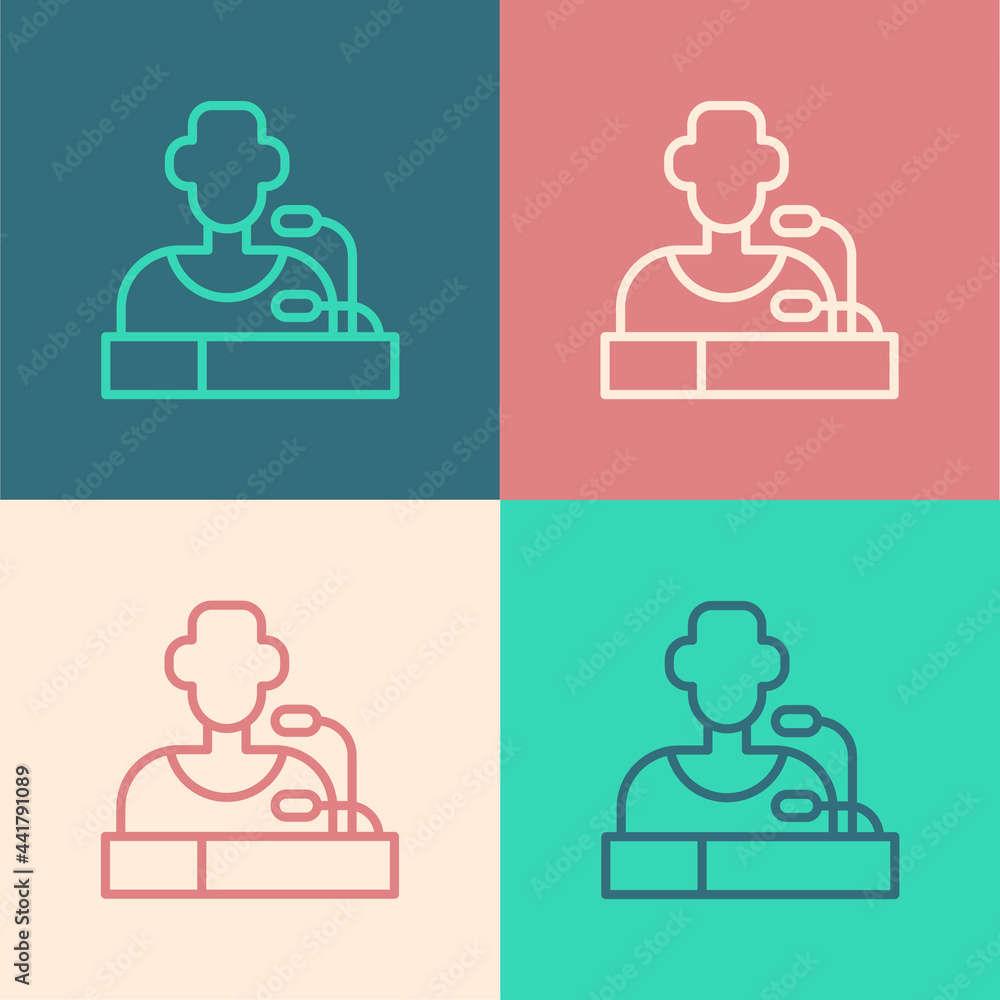 Pop art line Football player press conference icon isolated on color background. Vector Pop art line Football player press conference icon isolated on color background. Vector