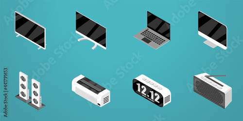Set of isometric icon design for electronic, TV, Monitor, Desktop, Laptop, Sound Bar, AC, Radio, Clock