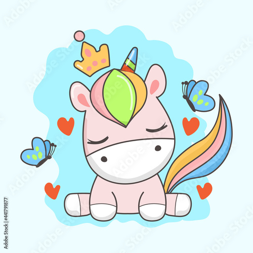 Cute pose of unicorn tenderness among butterflies
