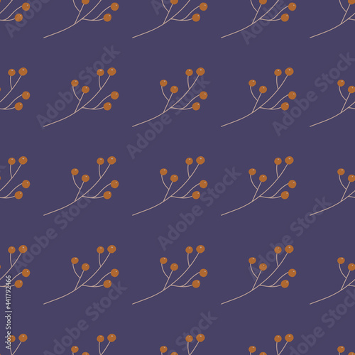 Flat vintage seamless pattern with simple orange berries shapes. Purple background. Doodle floral print.