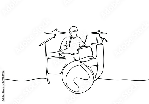 Drummer continuous line drawing. People playing drum music instrument with single one line minimalist style.