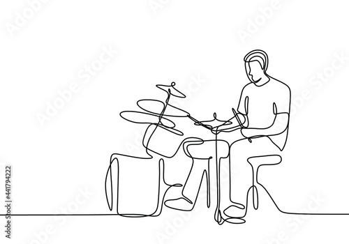 Drummer continuous line drawing. People playing drum music instrument with single one line minimalist style.