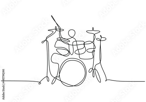 Drummer continuous line drawing. People playing drum music instrument with single one line minimalist style.