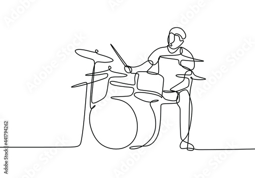 Drummer continuous line drawing. People playing drum music instrument with single one line minimalist style.