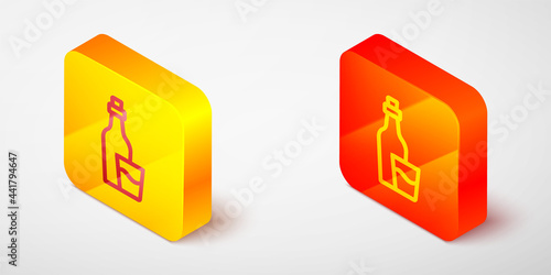 Isometric line Soju bottle icon isolated on grey background. Korean rice vodka. Yellow and orange square button. Vector