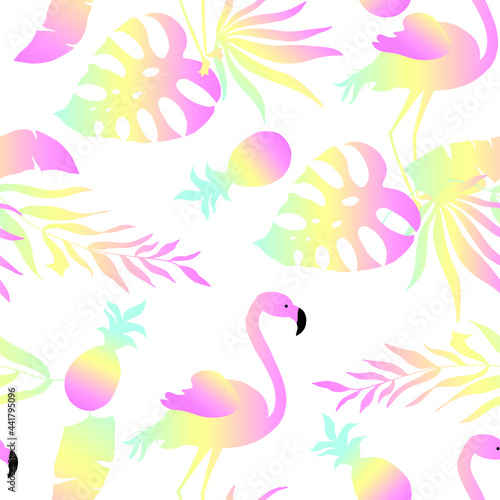 Flamingo in the leaves of tropical palm trees. Seamless pattern. Vector illustration.