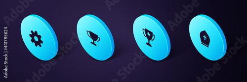 Set Isometric Pope hat, Trophy cup, and Cogwheel gear settings icon. Vector