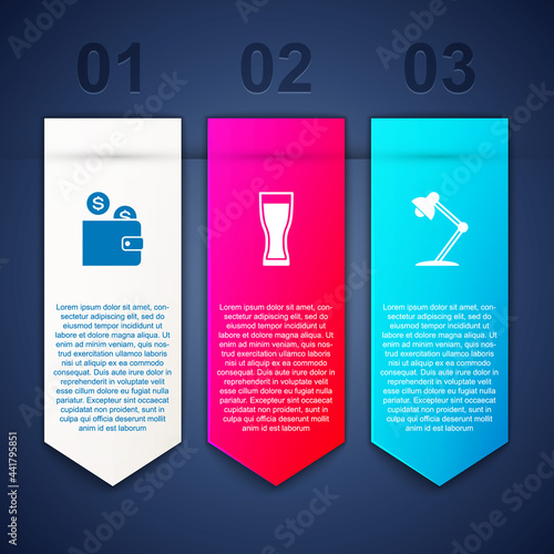 Set Wallet with coin, Glass of beer and Table lamp. Business infographic template. Vector