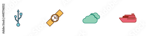 Set USB, Wrist watch, Cloud and Ship icon. Vector