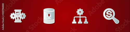 Set Hourglass and gear, Voice assistant, Lead management and Magnifying dollar icon. Vector