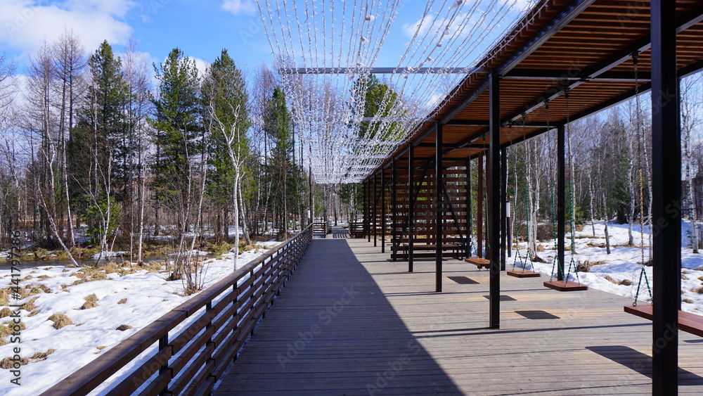 park spring trees forest puddles wooden paths swing park spring trees forest puddles wooden paths swing