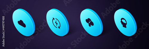 Set Isometric Head silhouette with cloud, Cloud download music, Recharging and Music streaming service icon. Vector