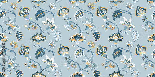 Floral seamless pattern, background. Whimsical flowers Jacobean style on a pastel blue background