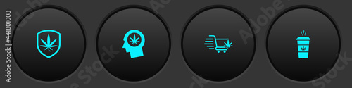 Set Shield and marijuana, Head in profile with, Shopping cart and Cup coffee icon. Vector