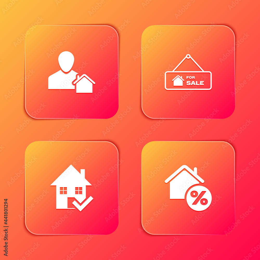 Set Realtor, Hanging sign with For Sale, House check mark and percant icon. Vector Set Realtor, Hanging sign with For Sale, House check mark and percant icon. Vector
