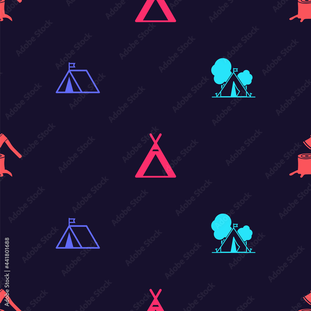 Set Tourist tent with flag, , and Wooden axe in stump on seamless pattern. Vector Set Tourist tent with flag, , and Wooden axe in stump on seamless pattern. Vector