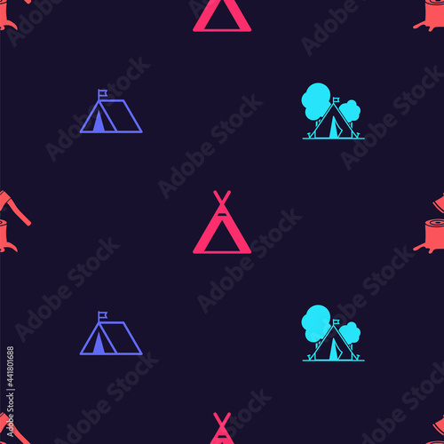 Set Tourist tent with flag, , and Wooden axe in stump on seamless pattern. Vector