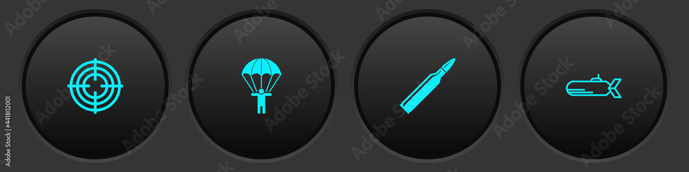 Set Target sport, Parachute, Bullet and Submarine icon. Vector Set Target sport, Parachute, Bullet and Submarine icon. Vector