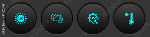 Set UV protection, Thermometer and cloud, moon, and Meteorology thermometer icon. Vector