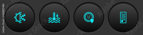 Set Sun and snowflake, Water thermometer, UV protection and Meteorology icon. Vector