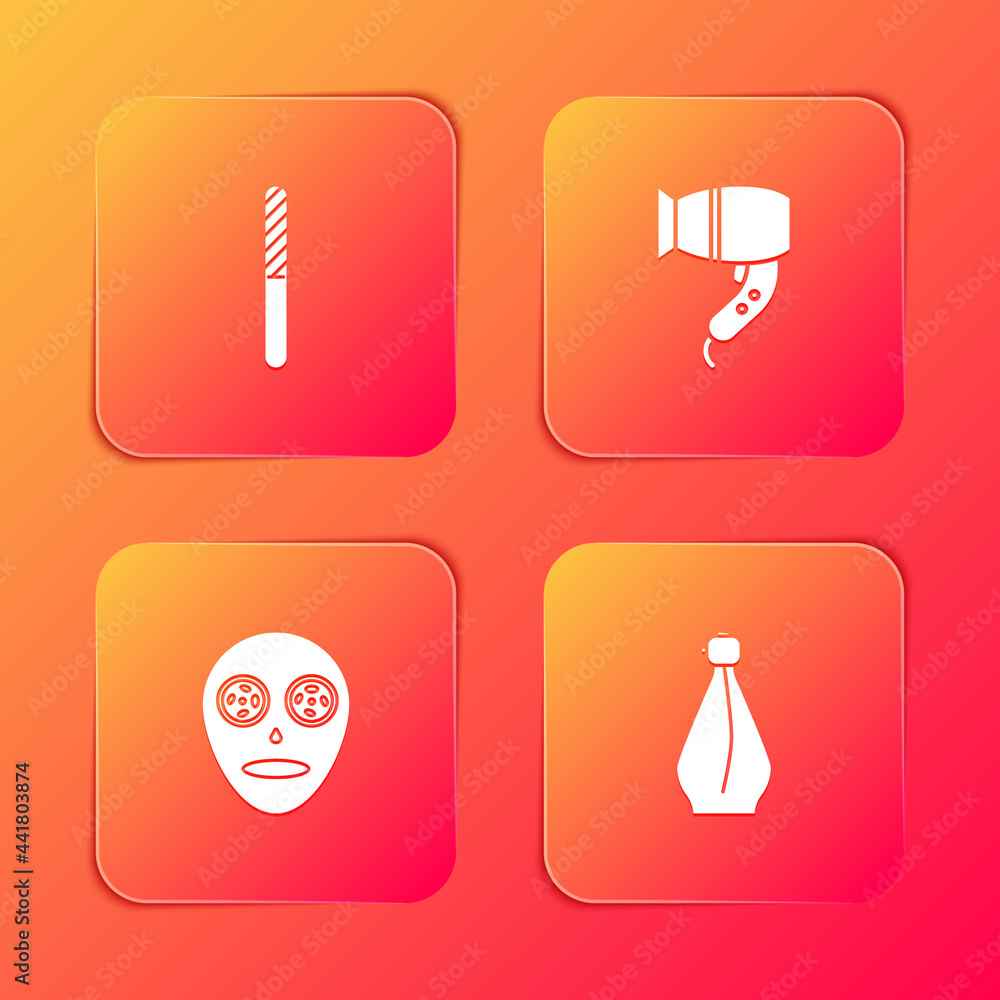 Set Nail file, Hair dryer, Facial cosmetic mask and Perfume icon. Vector Set Nail file, Hair dryer, Facial cosmetic mask and Perfume icon. Vector