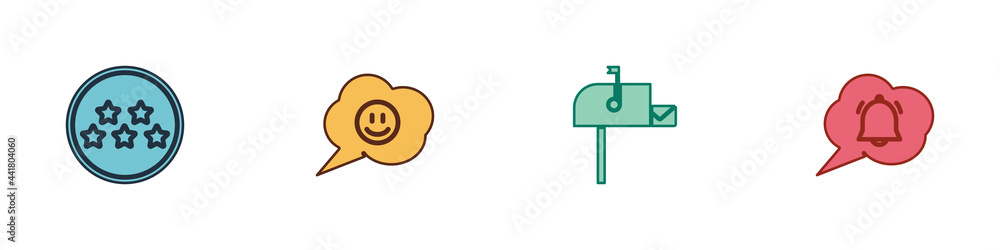 Set Five stars rating review, Speech bubble with smile face, Open mail box and chat notification icon. Vector Set Five stars rating review, Speech bubble with smile face, Open mail box and chat notification icon. Vector