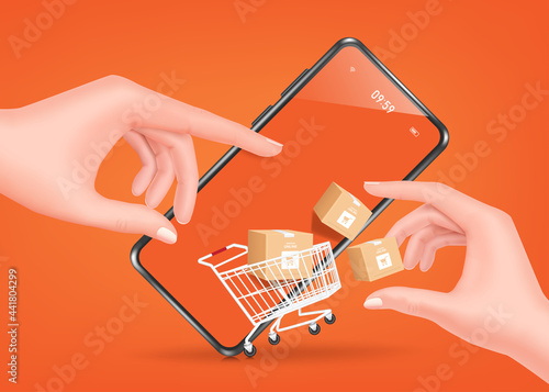 The left hand presses the order, the right hand holds the parcel box. floating from shopping carts and smartphones for online shopping concept,vector 3d on orange background for shopping on app