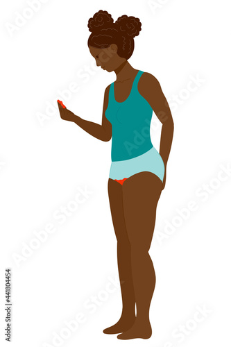 first menstruation. teenage girl frightened of bleeding. menstrual cycle and periods. black woman. stock vector illustration isolated on white background.