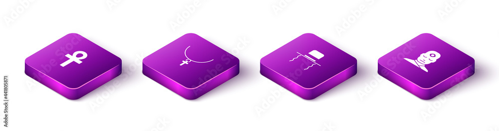 Set Isometric Cross ankh, Christian cross on chain, Orthodox jewish hat with sidelocks and Man third eye icon. Vector Set Isometric Cross ankh, Christian cross on chain, Orthodox jewish hat with sidelocks and Man third eye icon. Vector