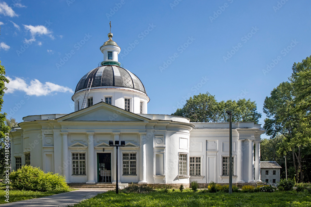BOGORODITSK, TULA OBLAST, RUSSIA - JUNE 25 2021. The count Bobrinsky palace in the Bogoroditsk city, Holy Kazan Church