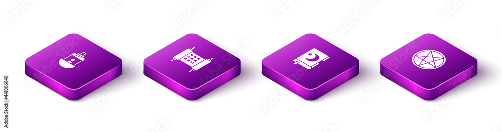 Set Isometric Ramadan Kareem lantern, Decree, paper, parchment, scroll, Holy book of Koran and Pentagram in circle icon. Vector Set Isometric Ramadan Kareem lantern, Decree, paper, parchment, scroll, Holy book of Koran and Pentagram in circle icon. Vector