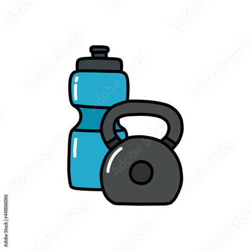 kettlebell and bottle of water doodle icon, vector color line illustration