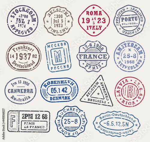 Retro stamps with scabies, cities stamp set on an envelope for vintage passport cover, traveller tshirt print or grunge style luggage. Vector illustration.