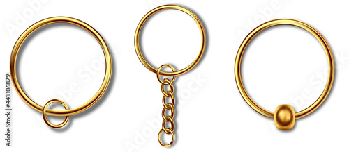 Holder trinket isolated on white background. Reallistic template metal keychain set. Trinket keyring, keyholder and breloque illustration.