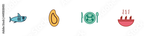 Set Shark, Mussel, Served crab on plate and Soup with shrimps icon. Vector