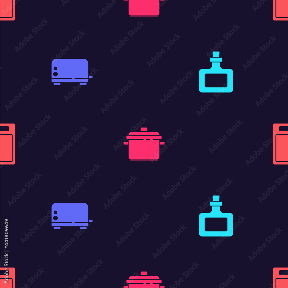 Set Sauce bottle, Toaster, Cooking pot and Cutting board on seamless pattern. Vector Set Sauce bottle, Toaster, Cooking pot and Cutting board on seamless pattern. Vector