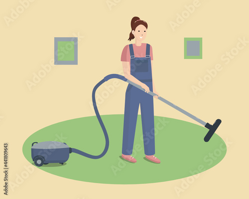 Woman cleaning lady with vacuum cleaner. House, office cleaning. Cleaning services. Vector illustration in a flat style. Isolated background.