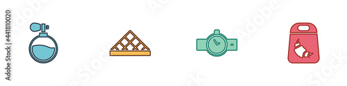 Set Perfume, Louvre museum, Wrist watch and Croissant package icon. Vector